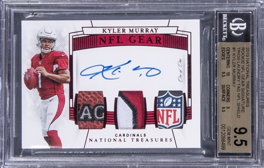 2019 Panini National Treasures "Rookie NFL Gear Trios" #RST-KM Kyler Murray Signed NFL Shield Patch Rookie Card (#1/1) - BGS GEM MINT 9.5/BGS 10